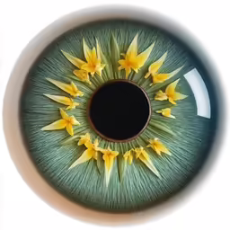 an eyeball with yellow flowers painted on it