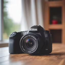 a canon camera laying on a wooden table