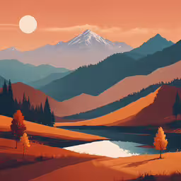 a mountain landscape with trees, and water,the painting shows an image of mountains, trees and a river in the foreground