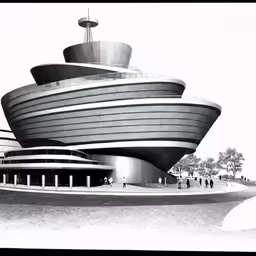 a large boat in front of a building on a sidewalk