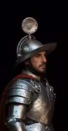 a man in armor and helmet with a hat