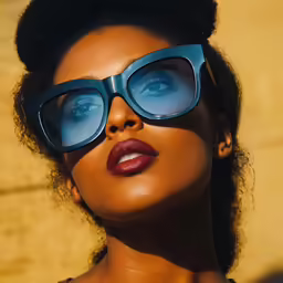 woman wearing sunglasses with bright blue tinted lenses