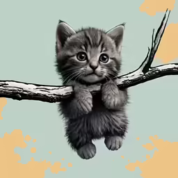 a cat that is hanging on a branch with a blue sky in the background