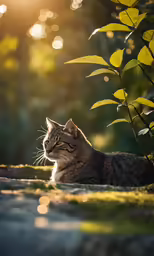 the cat is lying down in front of some plants