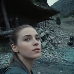 a young woman stands near some stone buildings