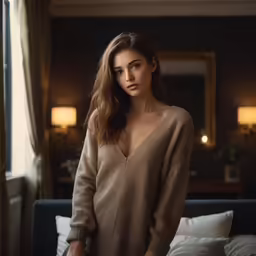 the young woman is posing by a bed in the room