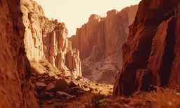 a lone hiker trekking through a canyon in an arid landscape