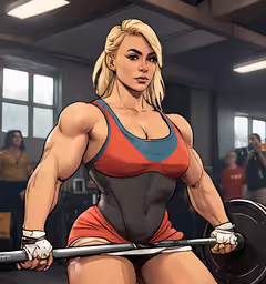 an image of a female wrestler holding a barbell,an adult female bodybuoyd holding a barbell while standing in the middle of a gym