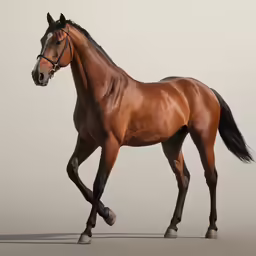 a horse walking across a light colored floor