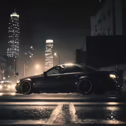 a car parked in the street at night