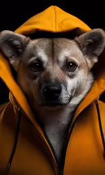 an image of a dog that is wearing a yellow jacket