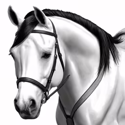 a close up image of a white horse wearing bridle
