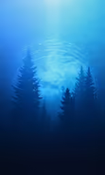 a background of a blue and green sky with fir trees