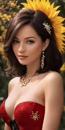 young woman in an elaborate head piece with sunflower hairpieces