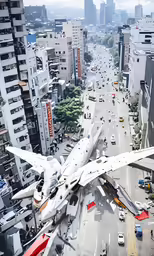 a plane sitting on top of a highway near buildings