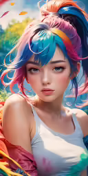 an anime girl with colorful hair has rainbow dye