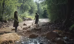 two people walking down a dirt road with trees in the background