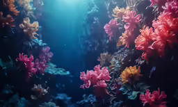 flowers in the sunlight light reflecting on the water