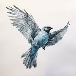 a bird flies into the air on a cloudy day,a blue bird with large wings is flying