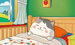 the cat lies down in bed with an apple window