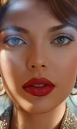 an attractive woman with blue eyes and a red lipstick on