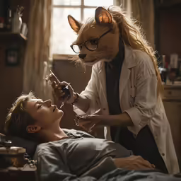 a lady in her bed having her teeth brushed by the hair dresser