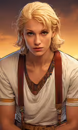 a woman in an avatar wearing an outfit with a leather belt,a digital rendering image of a woman sitting at the table