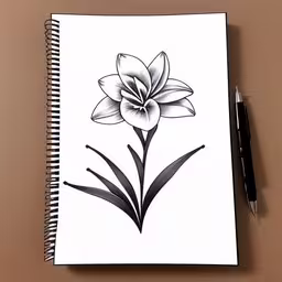 a notebook with a black and white drawing of a flower,pencil drawing on paper of white flower