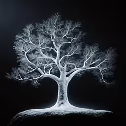 a tree sitting on top of a rock covered in snow