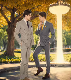 two young men posing for the camera in suits,two young men in suits standing next to each other