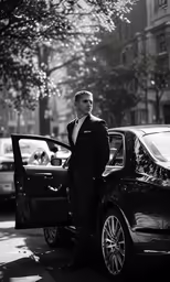 a man in a tuxedo next to an suv