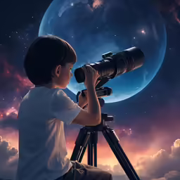 boy looking through a telescope with a planet in the background