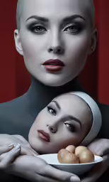 an ad featuring two women holding apples in their hands