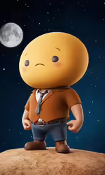 the cute little yellow boy is standing on the hill with the moon