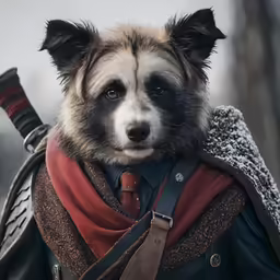 a dog with a leather backpack and a big coat