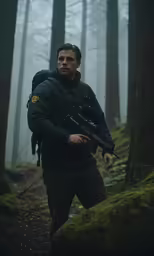 a man is standing in a forrest with a rifle