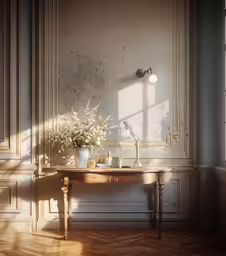 an old room with a table and vase on it