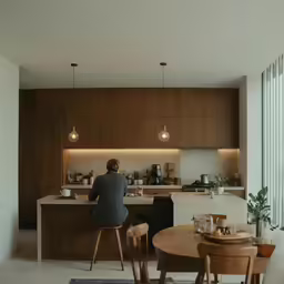 person sitting at kitchen table near bar and refrigerator