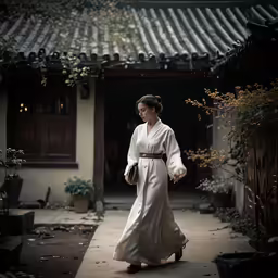 an oriental woman walking down the sidewalk