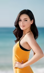 an asian woman standing on a beach with her arms folded
