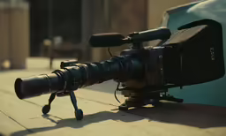 a camera with a lens attached is sitting on the ground