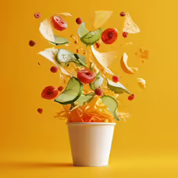 a cup filled with different foods is being tossed into it