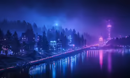 night time landscape in a city with lots of bright lights and trees, and many buildings lit up over water