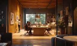 two people sitting around a small table that has a lamp on it