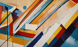 an artistic painting on the wall has various shapes,an artistic painting with different colored lines