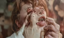 the woman is holding her hands up with blood on her face