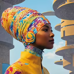 a woman wearing a yellow dress and a colorful turban