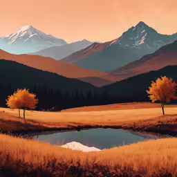 two trees with yellow leaves on their heads near a pond,a painting of two trees near water in the middle of nowhere