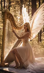 an angel sitting down while holding a large gold harp
