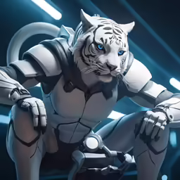 a close up of an animated white tiger in a dark setting